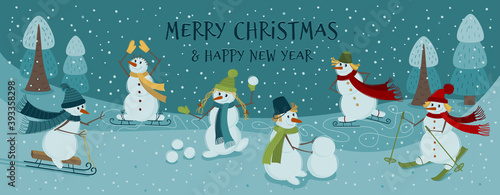 Funny snowmen play winter games: skiing, playing snowballs, sledding, ice skating, sculpting a snowman. New year banner for your design. Set of snowmen.