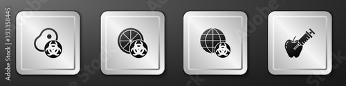 Set Genetically modified meat, orange, GMO and apple icon. Silver square button. Vector.