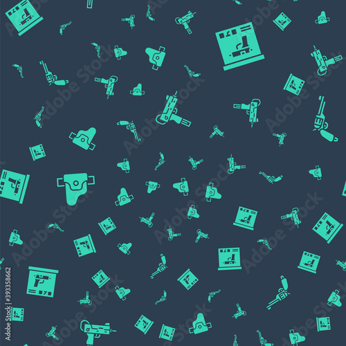Set UZI submachine gun, Military ammunition box, Gun holster and Revolver on seamless pattern. Vector.