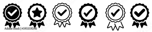 Quality icon set.Approval check vector icon. Approved or verified medal icon.  Certified check mark ribbon label. premium product certified or best choice recommended award. Vector illustration. 