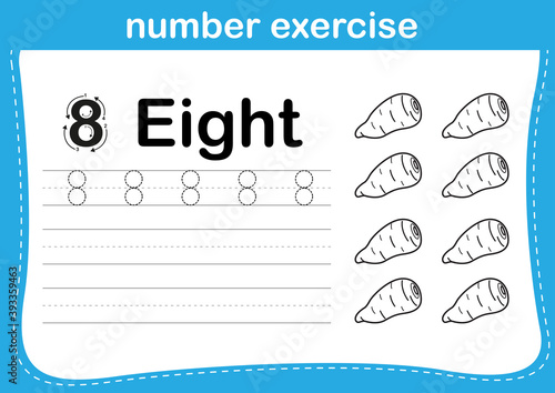 number exercise with cartoon coloring book illustration, vector