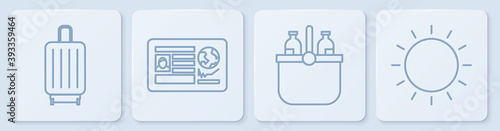 Set line Suitcase, Cooler bag and water, Passport with visa stamp and Sun. White square button. Vector.