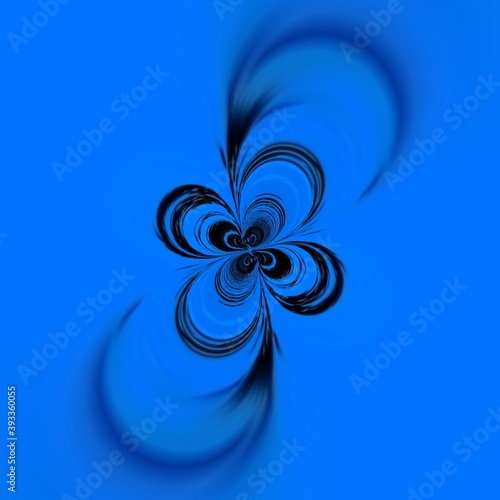 shades of bright neon blue and indigo colored symmetric intricate abstract patterns shapes and design on black background in cyclone style