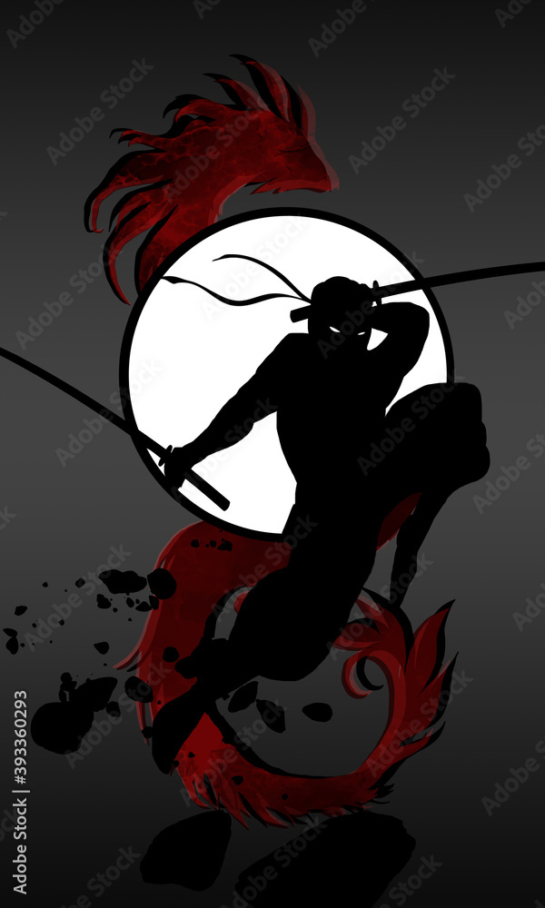 Shadow Ninja, Red Dragon and The Moon silhouette art