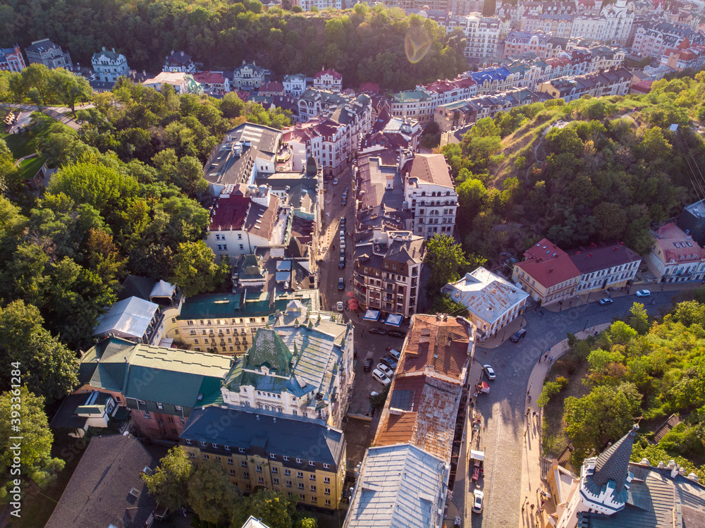 Aerial view to the Andreevsky Descent at summer sunset time