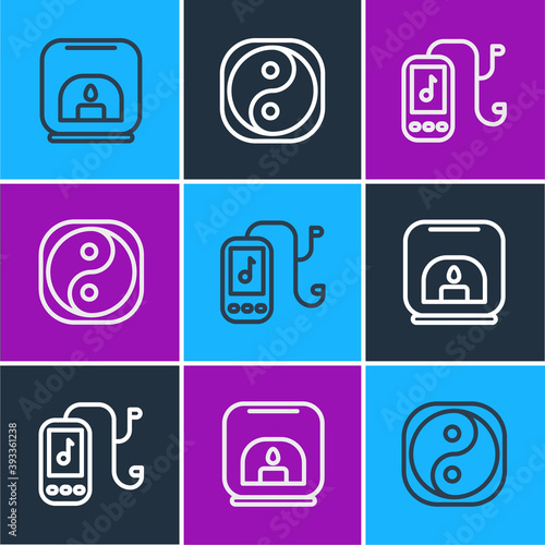 Set line Aroma lamp, Music player and Yin Yang icon. Vector.