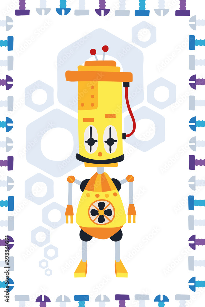 Poster with funny robot in cartoon style. Cute trendy background for kids room design, postcards, shirts. Vector illustration Poster with funny robot in cartoon style. Cute trendy background for kids room design, postcards, shirts. Vector illustration