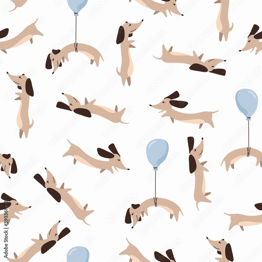Children's seamless pattern with Dachshund dogs on white background in cartoon style. Cute texture for kids room design, Wallpaper, textiles, wrapping paper, apparel. Vector illustration Children's seamless pattern with Dachshund dogs on white background in cartoon style. Cute texture for kids room design, Wallpaper, textiles, wrapping paper, apparel. Vector illustration