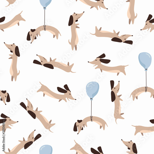 Fototapeta Naklejka Na Ścianę i Meble -  Children's seamless pattern with Dachshund dogs on white background in cartoon style. Cute texture for kids room design, Wallpaper, textiles, wrapping paper, apparel. Vector illustration