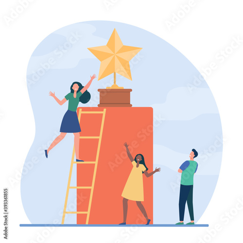 Tiny people trying to get golden star. Ladder, award, reward flat vector illustration. Competition and acknowledgement concept for banner, website design or landing web page