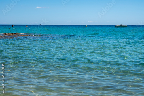 Summer vacation on French Riviera, crystal clear azure blue water of Mediterranean sea in Saint Clair near Le Lavandou, Var, Provence, France