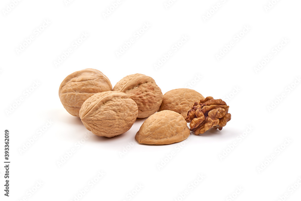 Walnuts with kernel, isolated on white background Walnuts with kernel, isolated on white background