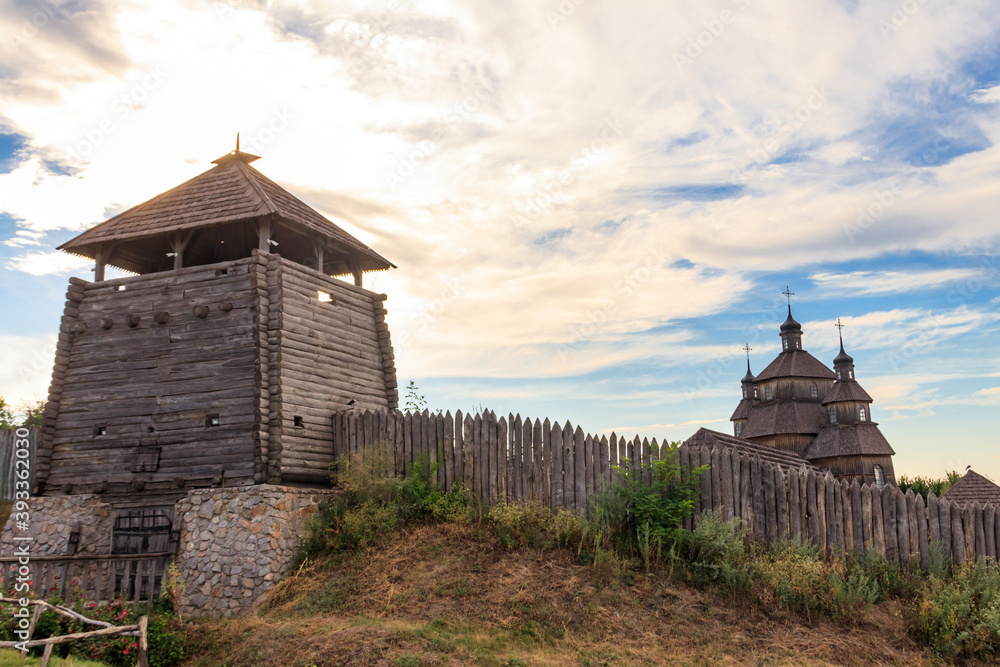 Medieval wooden Zaporozhian Sich on Khortytsia island in Zaporizhia, Ukraine Medieval wooden Zaporozhian Sich on Khortytsia island in Zaporizhia, Ukraine