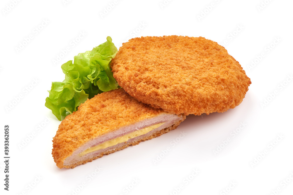 Fried Chicken Cordon bleu in breadcrumbs, isolated on a white background Fried Chicken Cordon bleu in breadcrumbs, isolated on a white background