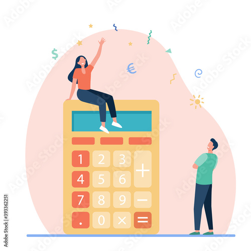 Tiny people and large calculator. Finance, digit, conversion flat vector illustration. Accounting and calculation concept for banner, website design or landing web page