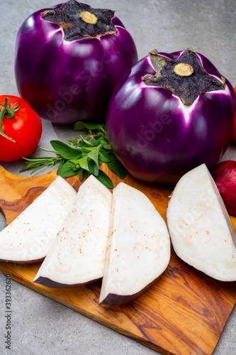 Fresh ripe sicilian purple globe eggplant vegetable ready to cook