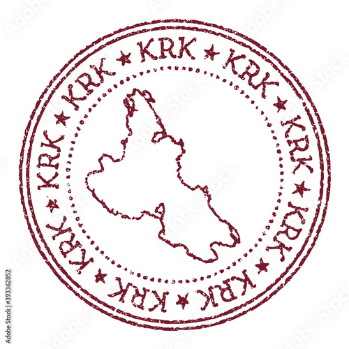 Krk round rubber stamp with island map. Vintage red passport stamp with circular text and stars, vector illustration.