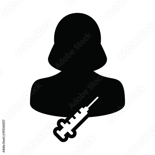 Vaccination icon vector with vaccine syringe female user person profile avatar symbol for medical and healthcare treatment in a glyph pictogram illustration