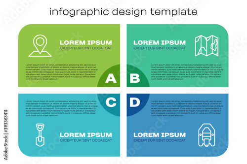 Set line Shovel, Location, Rafting boat and of the forest map. Business infographic template. Vector.