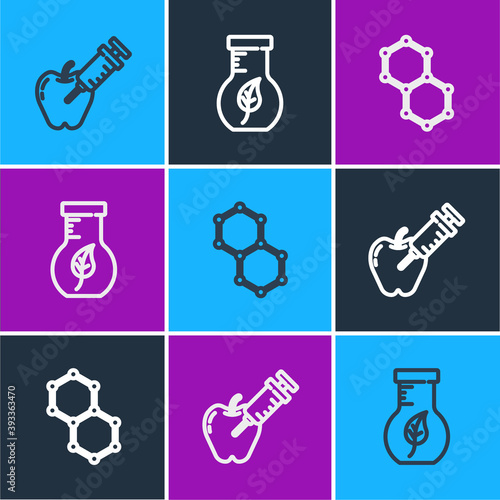 Set line Genetically modified apple, Chemical formula and Test tube and flask icon. Vector.