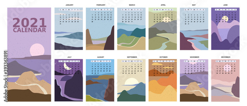 2021 Calendar minimalistic window view landscape natural backgrounds of four seasons. Winter wonderland, Fresh on Spring, Hot sunny day on Summer, Autumn with leaves falling. Set Minimal modern boho