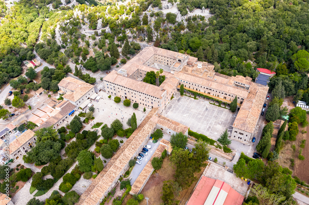 Aerial view, Lluc Monastery, Santuari de Lluc, Serra de Tramuntana, Mallorca, Balearic Islands, Spain