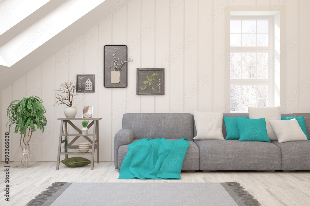 Fototapeta premium White living room with sofa. Scandinavian interior design. 3D illustration