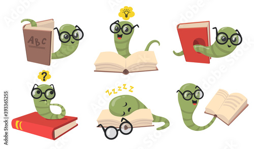 Funny bookworms flat item set. Cartoon library worms in eyeglasses reading book, sleeping and smiling isolated vector illustration collection. Animals and insects concept