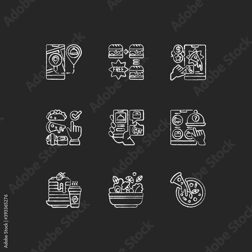 Food delivery service chalk white icons set on black background. Real-time order tracking. Special offers. Choosing cuisine. Menu online. Salad, pizza. Isolated vector chalkboard illustrations