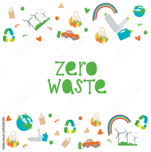 Eco lettering guote - zero waste. Hand writing sign with dreen energy illustration isolated on white background. Vector stock illustration.