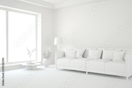 White minimalist living room with sofa. Scandinavian interior design. 3D illustration