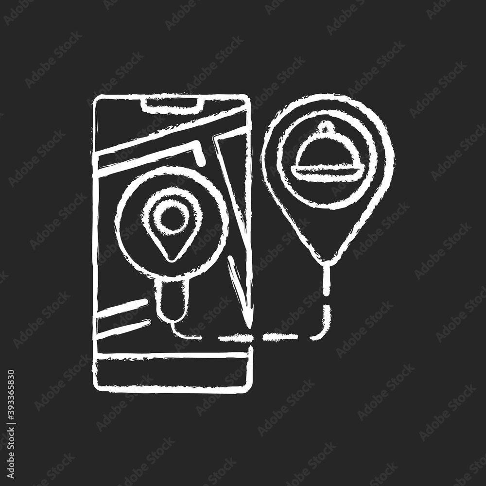 Real-time order tracking chalk white icon on black background. Realtime visibility and control. Map-based view. Tracking meal from restaurant to home. Isolated vector chalkboard illustration Real-time order tracking chalk white icon on black background. Realtime visibility and control. Map-based view. Tracking meal from restaurant to home. Isolated vector chalkboard illustration