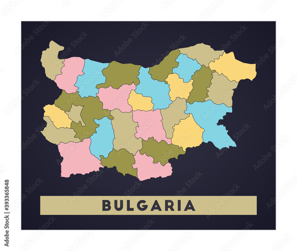 Bulgaria map. Country poster with regions. Shape of Bulgaria with country name. Amazing vector illustration.