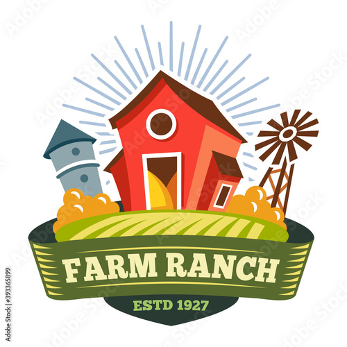 Farm ranch, farmer food products label, organic bio agriculture, vector sign. Farm market logo with barn house, wheat mill and green field, farm grown products symbol for package