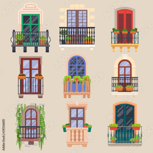 Balcony windows, house facade cartoon vector illustration. Balconies of wooden banister porch or metal railings with flower pots, hotel or mansion villa and veranda windows with balcony arches