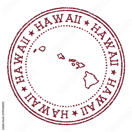 Hawaii round rubber stamp with island map. Vintage red passport stamp with circular text and stars, vector illustration.