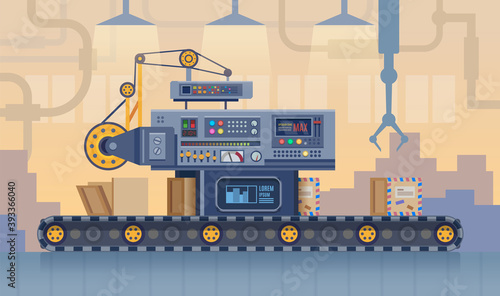 Conveyor belt factory, cartoon vector illustration of box package assembly line. Production conveyor machine with robot arms and post parcel boxes, manufacturing robotic machines flat design