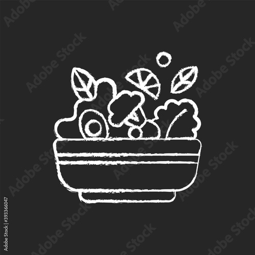 Salads chalk white icon on black background. Lunch and dinner delivery. Leafy greens and salad dressing. Fresh vegetables. Healthy food for vegans. Isolated vector chalkboard illustration