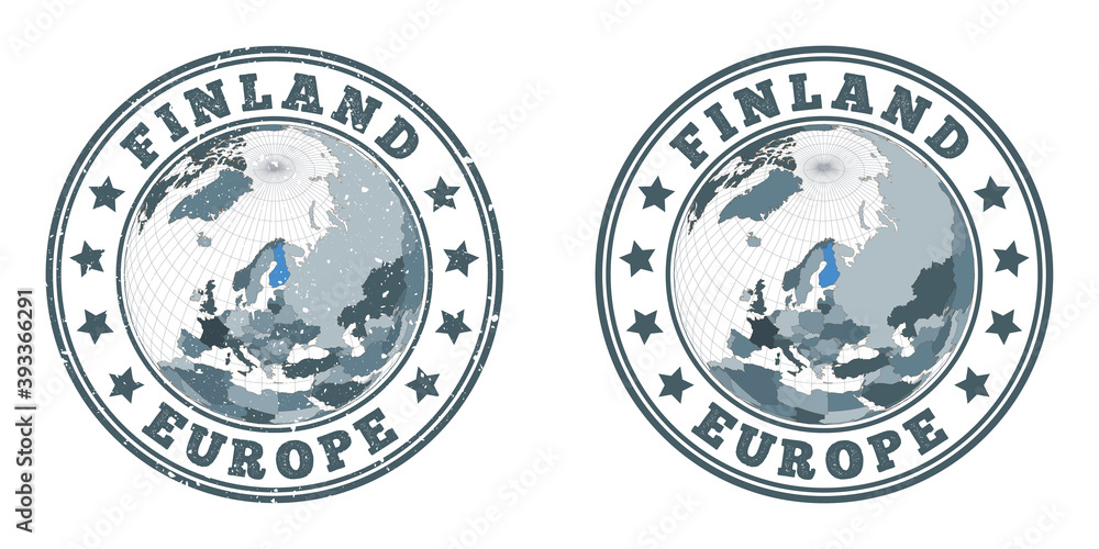 Finland round logos. Circular badges of country with map of Finland in world context. Plain and textured country stamps. Vector illustration.