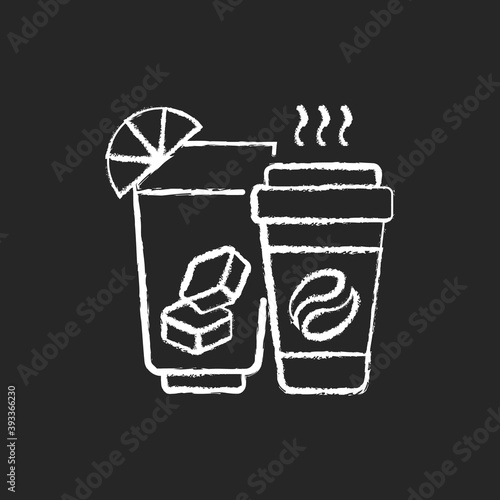 Drinks and beverages chalk white icon on black background. Ordering soda, juice, beer from warehouses and stores. Fresh-roasted coffee, tea. Isolated vector chalkboard illustration