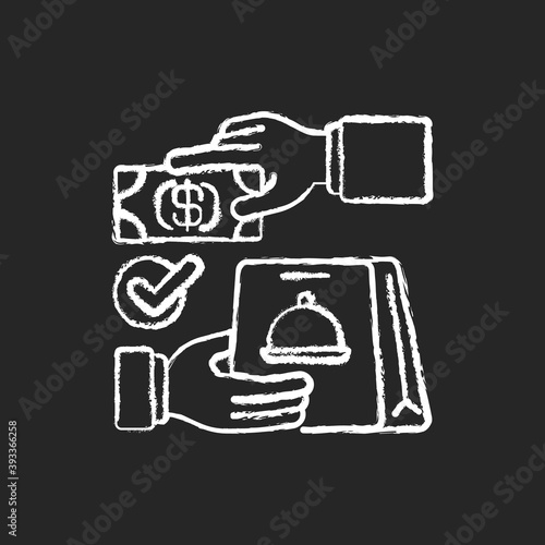 Cash on delivery chalk white icon on black background. Advance payment. Meals, drinks delivery from local restaurants. Courier service. Ready-made dishes. Isolated vector chalkboard illustration
