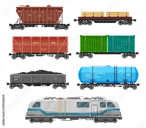 Train freight wagons, cargo box car containers, vector rail locomotive. Train freight wagons and boxcar, railroad goods shipping flatbed, and railway carriage with coal, timber and petrol tank cistern