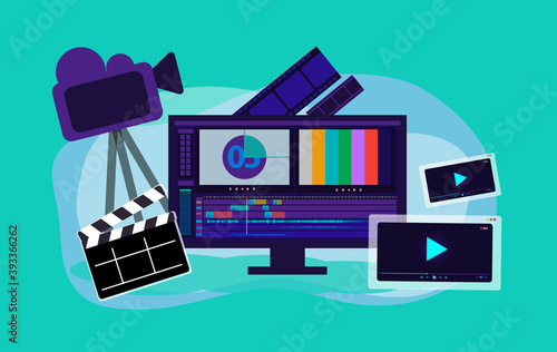 video production vector illustration, film editing monitor, clap board, film strip, camera, video player interface