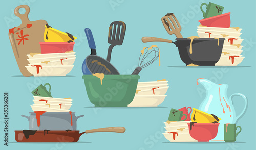 Dirty plates and cups flat set for web design. Cartoon kitchen empty dishes for washing isolated vector illustration collection. Household and kitchenware concept