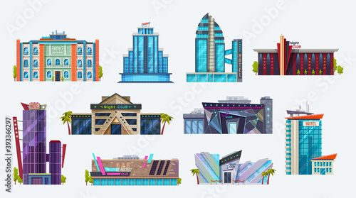 Buildings icons, city hotel and night club, vector urban architecture houses, flat isolated icons set. Modern buildings of hotel and night club or disco entertainment, facade exterior design