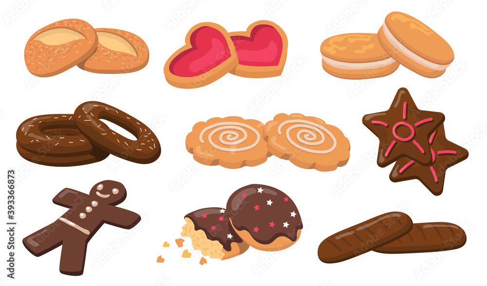 Colorful biscuits and cookies flat elements set. Cartoon fresh round sweet tasty cookies for dessert isolated vector illustration collection. Pastry and confectionery concept Colorful biscuits and cookies flat elements set. Cartoon fresh round sweet tasty cookies for dessert isolated vector illustration collection. Pastry and confectionery concept