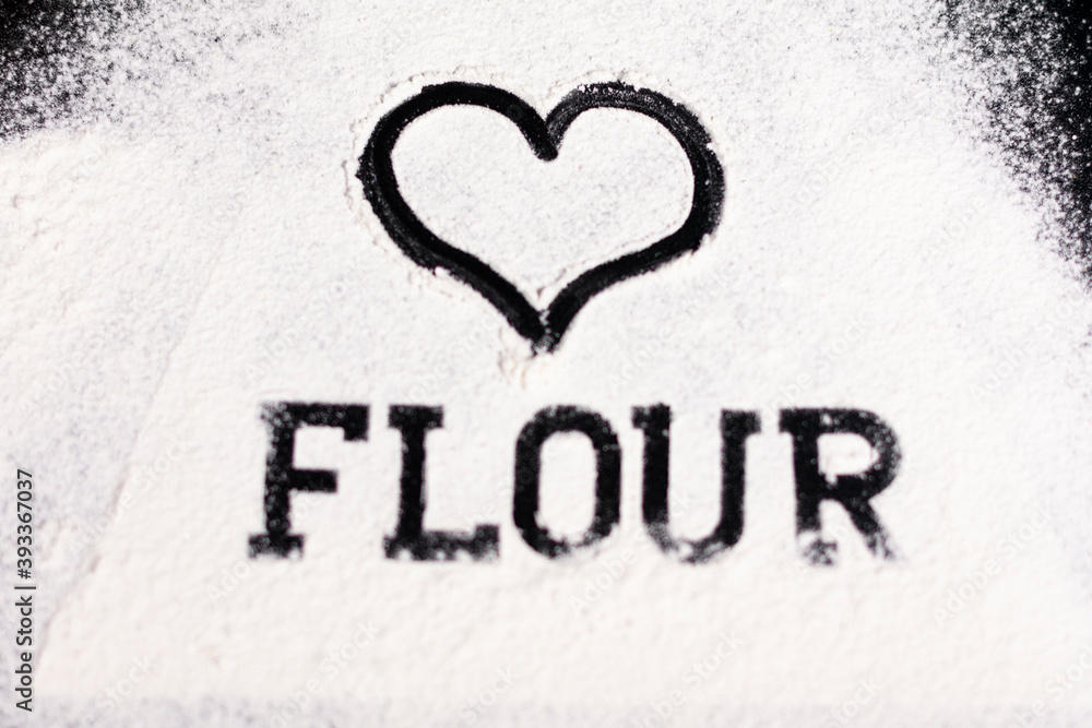 Drawing on a white background. The image of a heart and the inscription at the bottom-flour. Drawing on a white background. The image of a heart and the inscription at the bottom-flour.