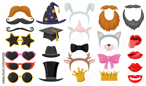 Funny retro photobooth party flat elements set. Cartoon headbands, cat ears, eyeglasses, hats, face masks isolated vector illustration collection. Carnival accessories and fun concept