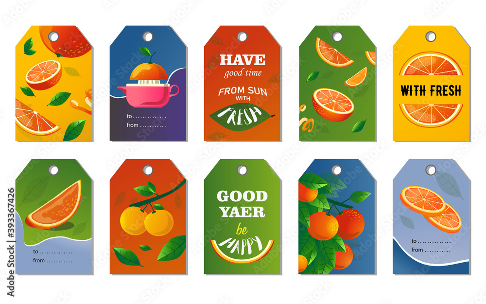 Citrus tags set. Whole and cut fruits, orange tree branches vector illustrations with text. Food and drink concept for fresh bar labels, greeting cards, postcards design