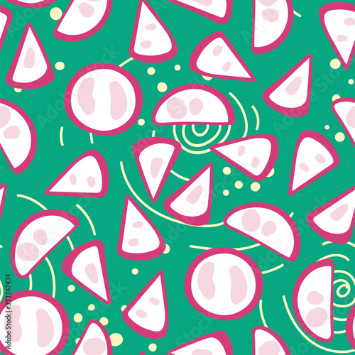 Vector seamless pattern for wallpaper, textile fabric, wrapping paper. Vegetable ornament with red radish slices and circular elements on green background.